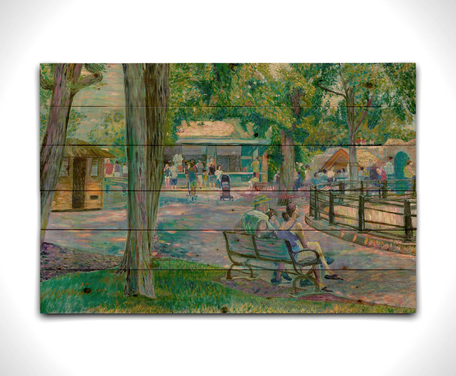 A painting of a zoo scene, with some families exploring the exhibits and shops, and others resting on the benches in the shade. Printed on a wood pallet.