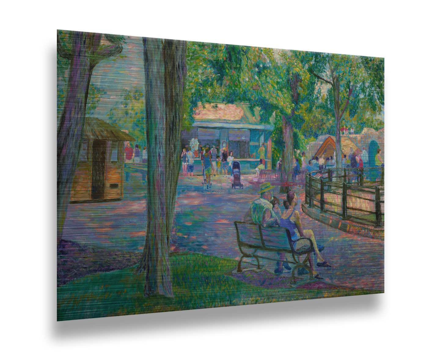 A painting of a zoo scene, with some families exploring the exhibits and shops, and others resting on the benches in the shade. Printed on metal.