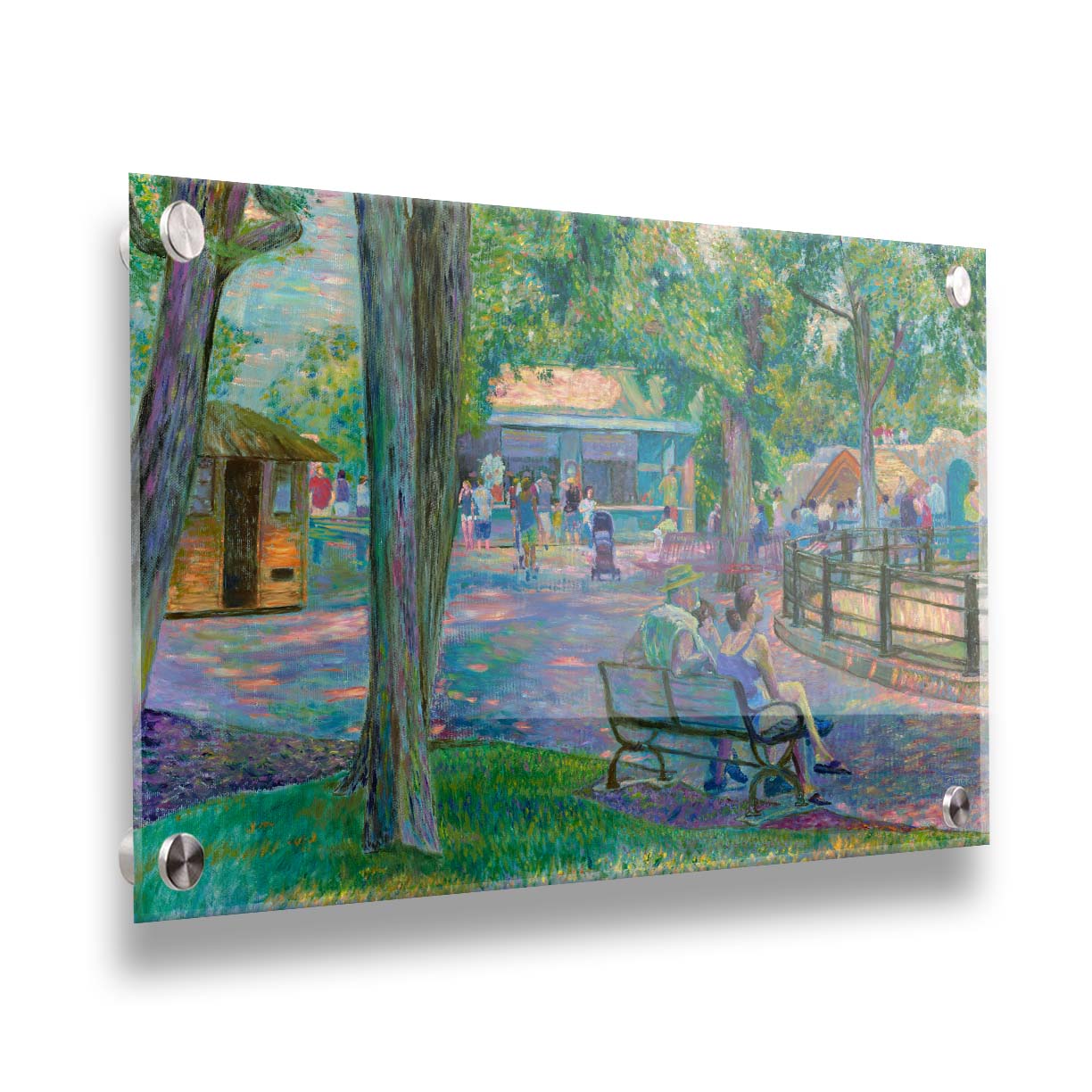 A painting of a zoo scene, with some families exploring the exhibits and shops, and others resting on the benches in the shade. Printed on acrylic.