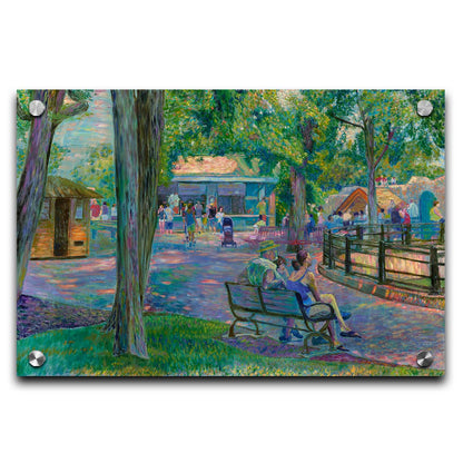 A painting of a zoo scene, with some families exploring the exhibits and shops, and others resting on the benches in the shade. Printed on acrylic.