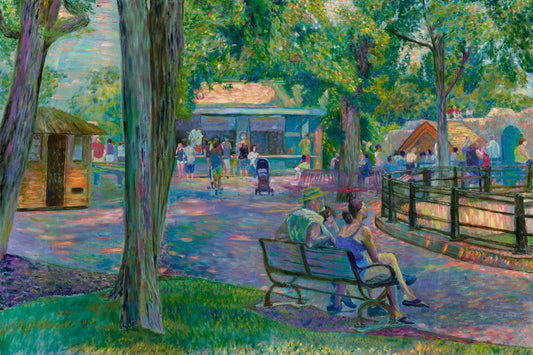 A painting of a zoo scene, with some families exploring the exhibits and shops, and others resting on the benches in the shade.