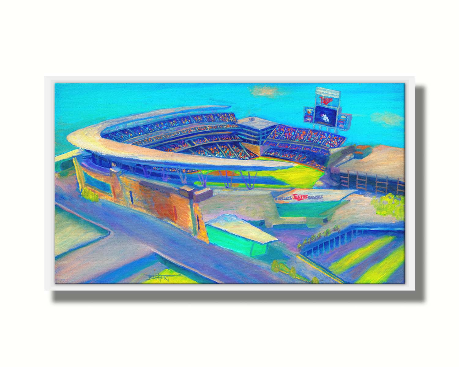 A painting of an aerial view of Target Stadium, home of the MInnesota Twins baseball team. Printed on canvas in a float frame.