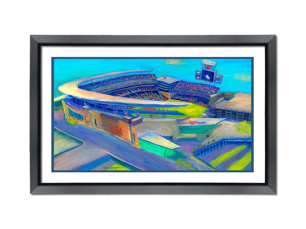 A painting of an aerial view of Target Stadium, home of the MInnesota Twins baseball team. Printed on paper, matted, and framed.