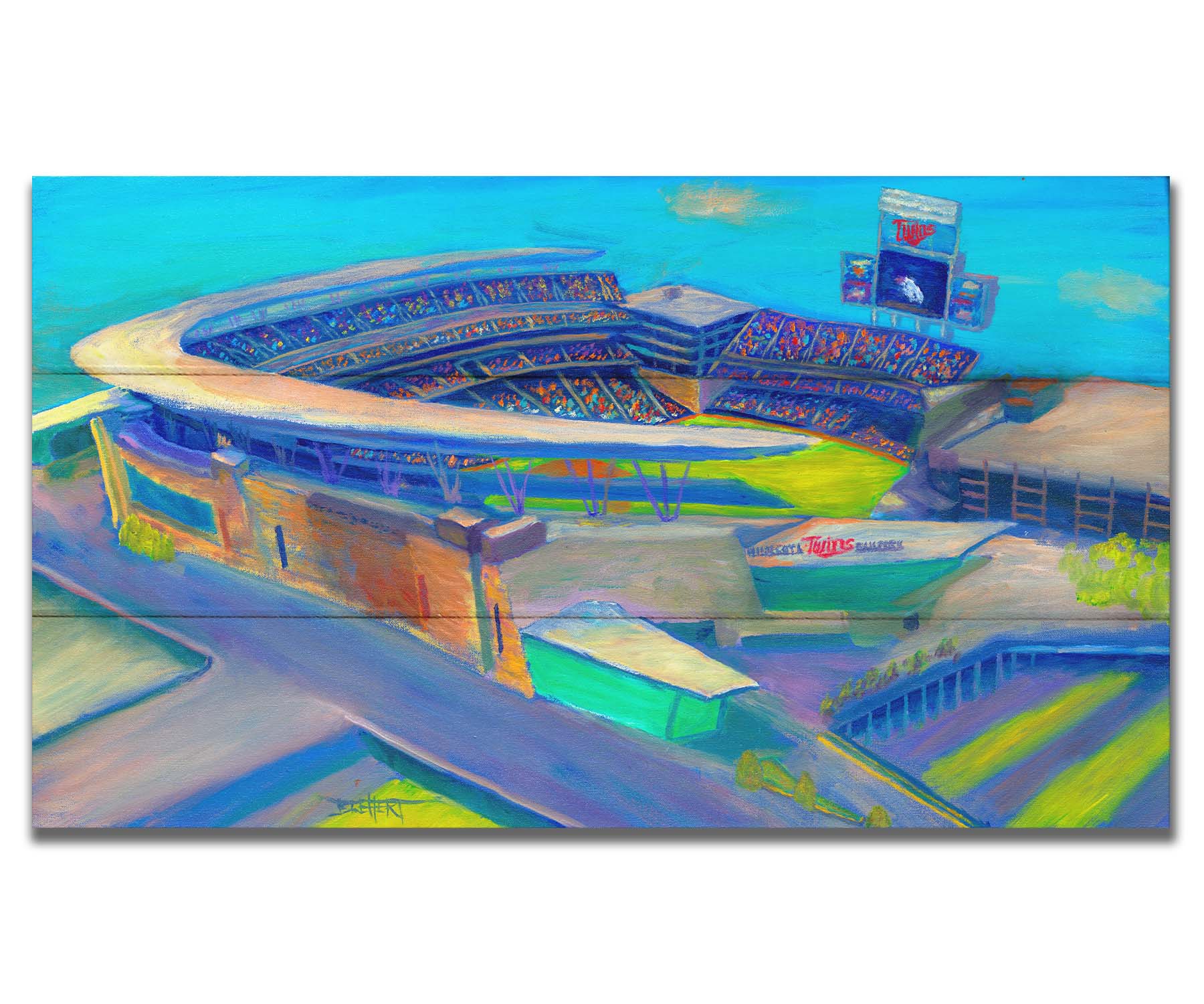 A painting of an aerial view of Target Stadium, home of the MInnesota Twins baseball team. Printed on a box board.