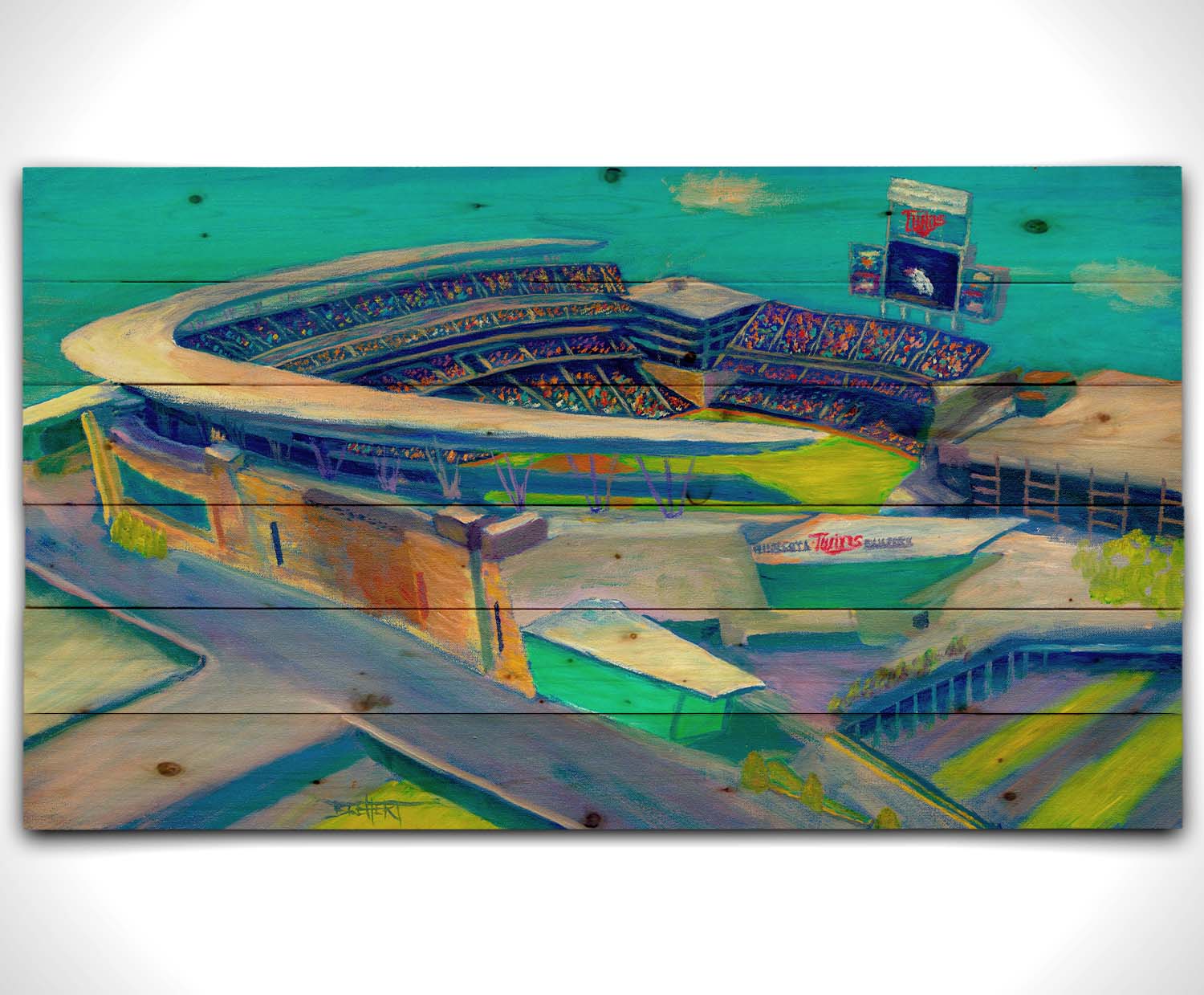 A painting of an aerial view of Target Stadium, home of the MInnesota Twins baseball team. Printed on a wood pallet.
