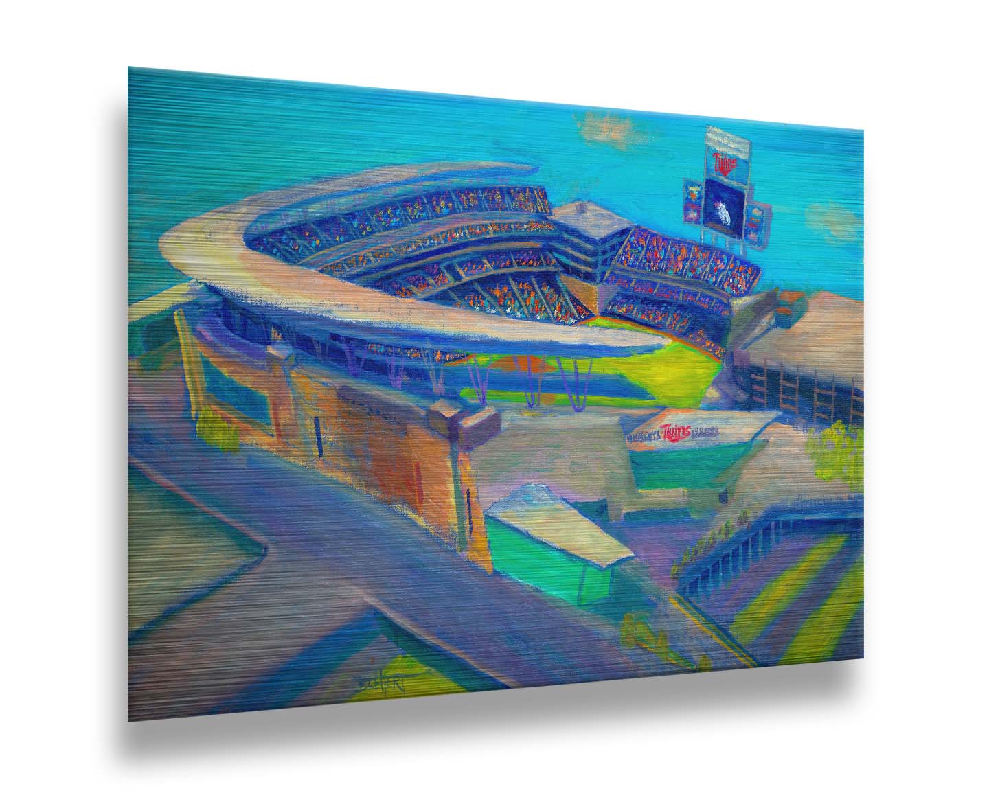 A painting of an aerial view of Target Stadium, home of the MInnesota Twins baseball team. Printed on metal.