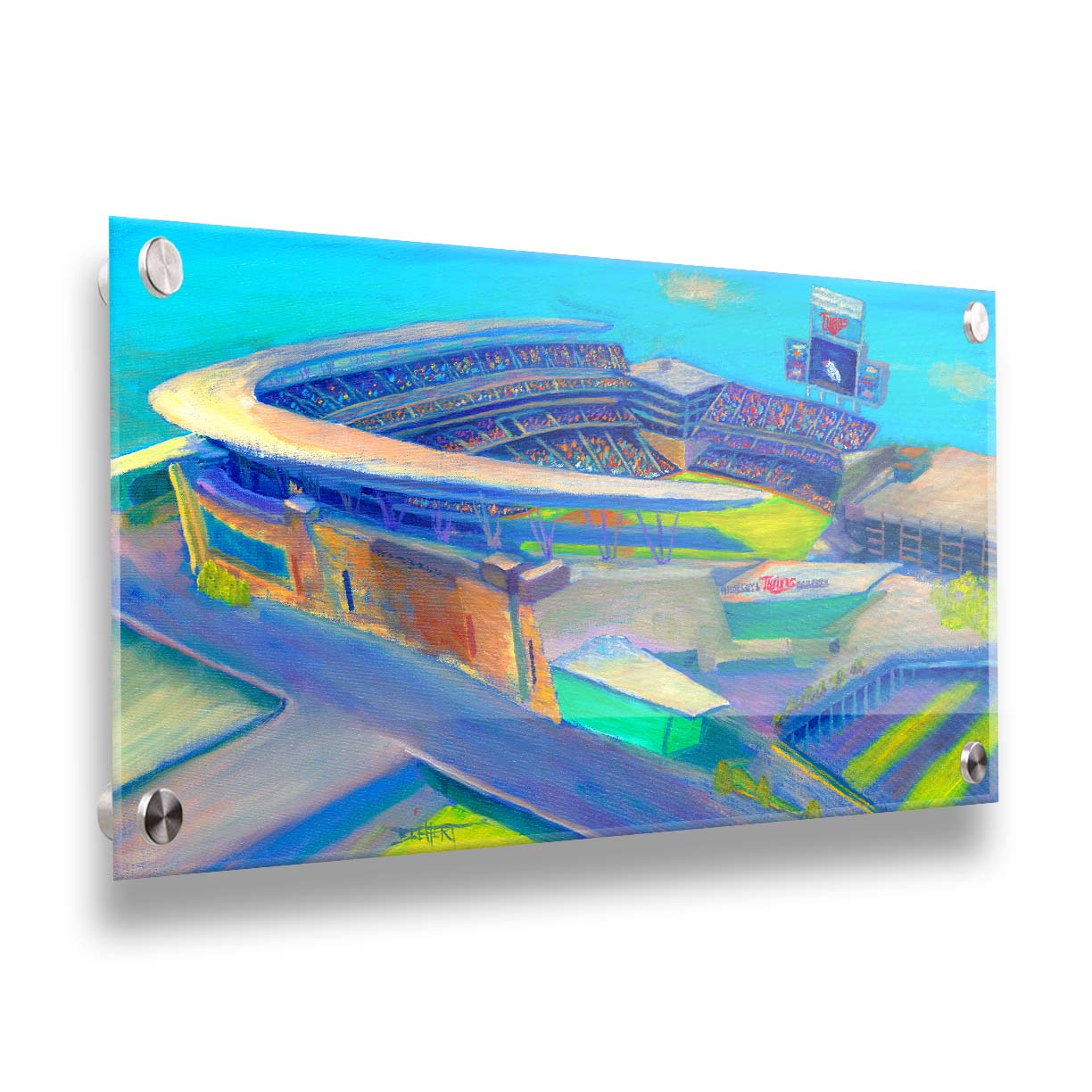 A painting of an aerial view of Target Stadium, home of the MInnesota Twins baseball team. Printed on acrylic.