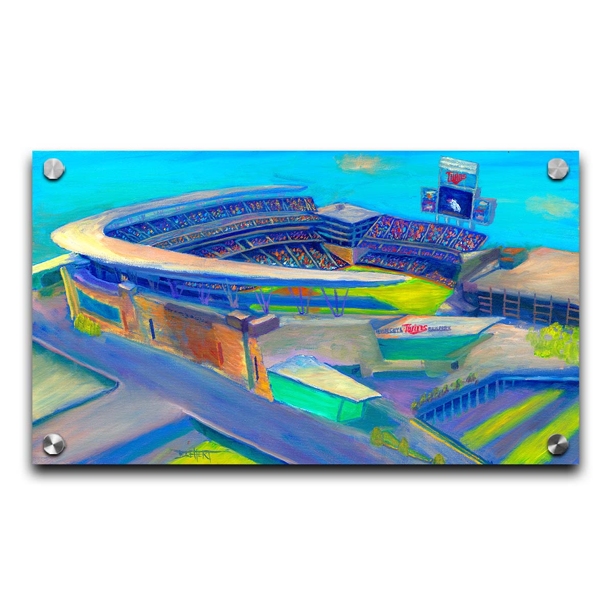 A painting of an aerial view of Target Stadium, home of the MInnesota Twins baseball team. Printed on acrylic.