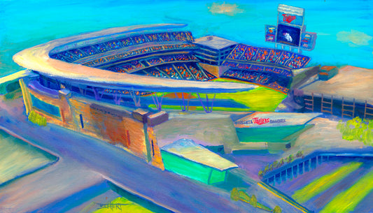 A painting of an aerial view of Target Stadium, home of the MInnesota Twins baseball team.
