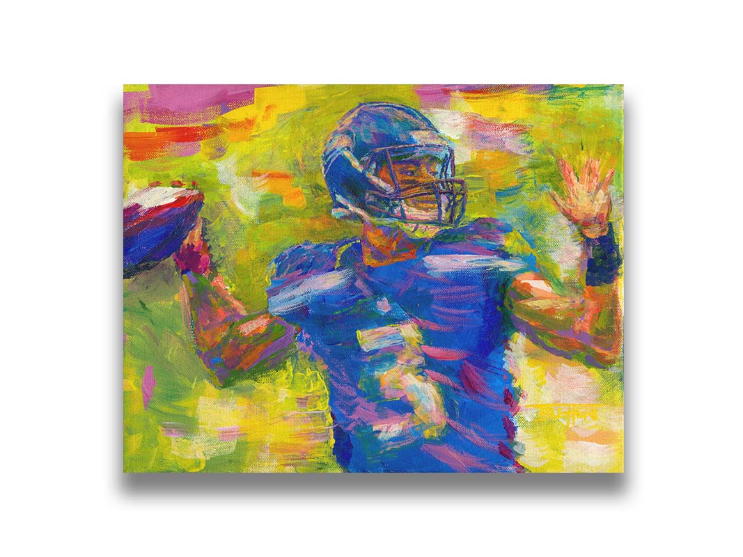 A painting of Seattle Seahawks football quarterback Russell Wilson throwing a football, contrasted against a bright, abstract green and yellow background. Printed on canvas.