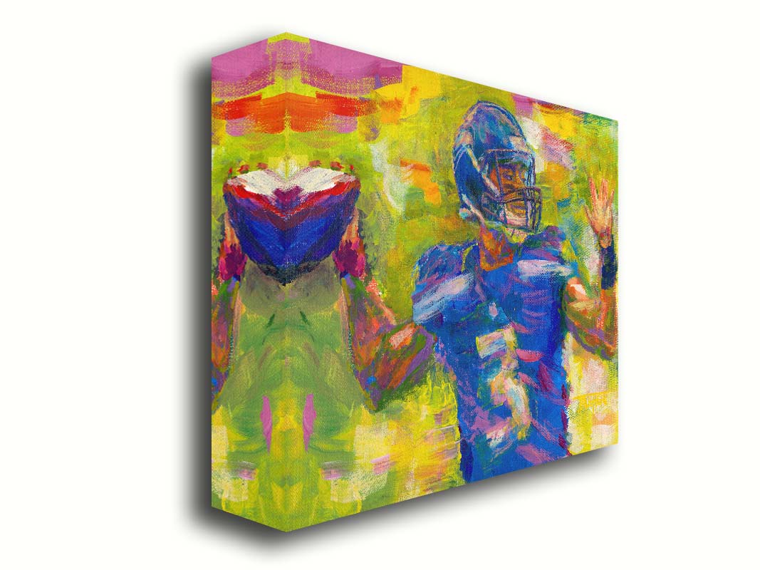 A painting of Seattle Seahawks football quarterback Russell Wilson throwing a football, contrasted against a bright, abstract green and yellow background. Printed on canvas.