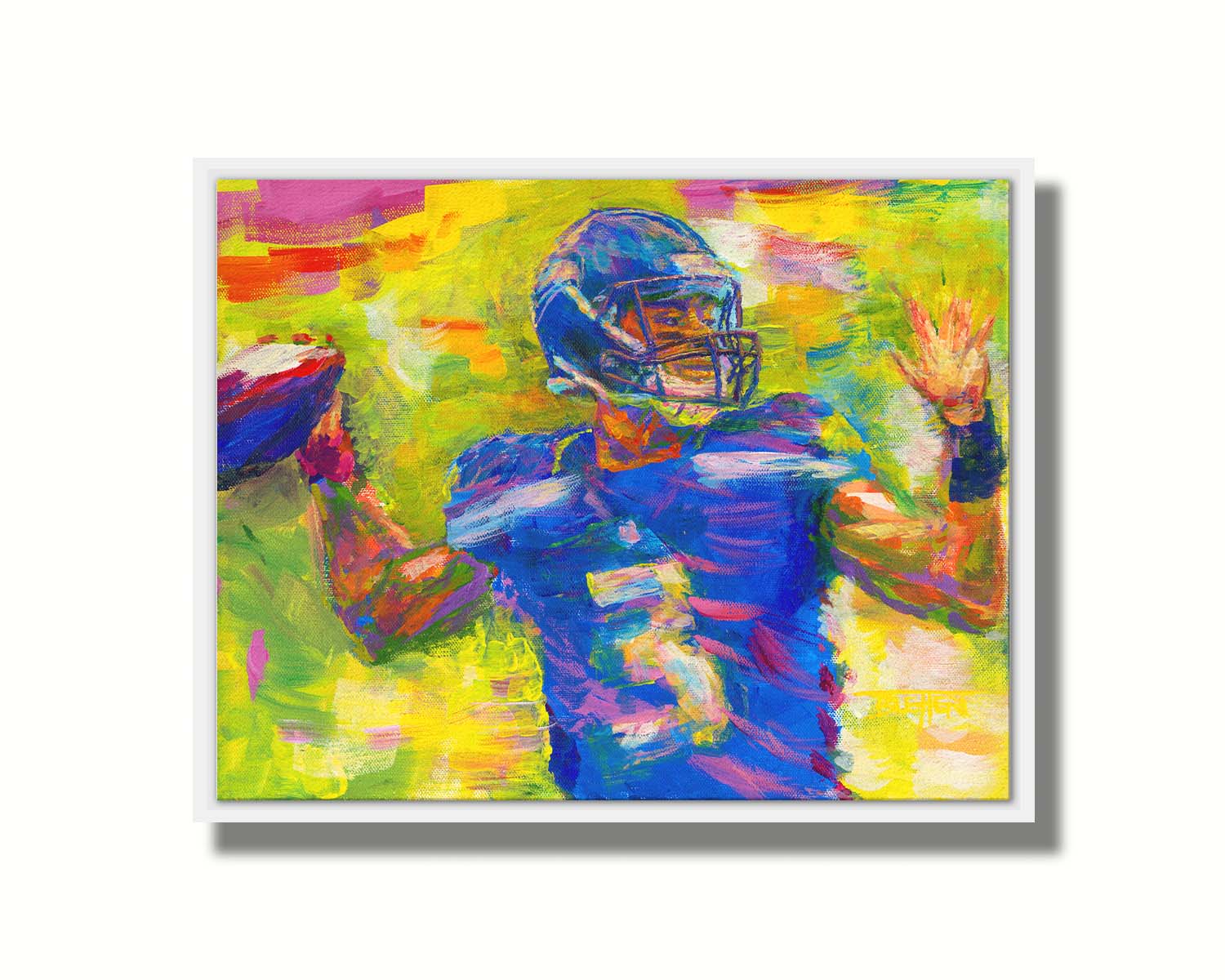 A painting of Seattle Seahawks football quarterback Russell Wilson throwing a football, contrasted against a bright, abstract green and yellow background. Printed on canvas in a float frame.