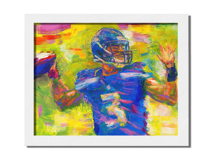 A painting of Seattle Seahawks football quarterback Russell Wilson throwing a football, contrasted against a bright, abstract green and yellow background. Printed on canvas and framed.