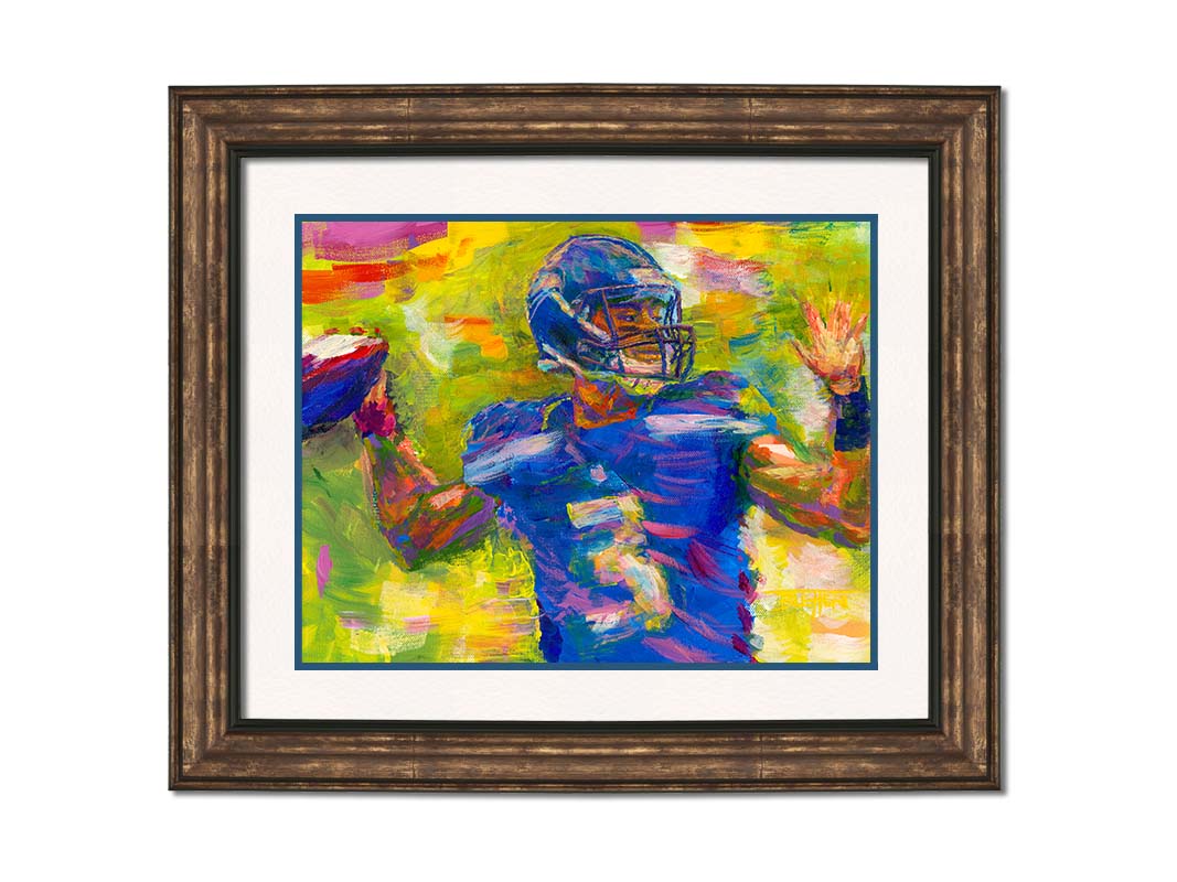 A painting of Seattle Seahawks football quarterback Russell Wilson throwing a football, contrasted against a bright, abstract green and yellow background. Printed on paper, matted, and framed.