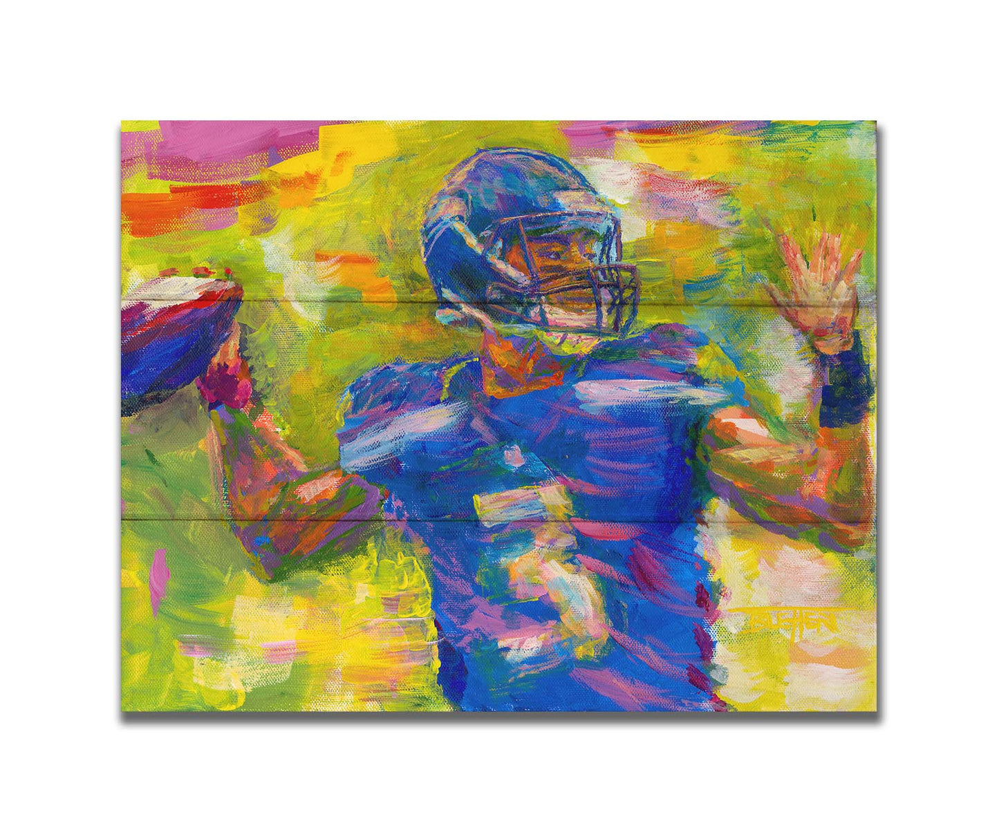 A painting of Seattle Seahawks football quarterback Russell Wilson throwing a football, contrasted against a bright, abstract green and yellow background. Printed on a box board.