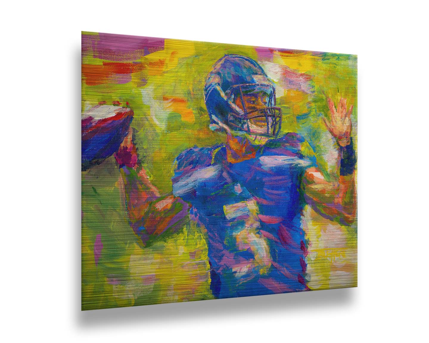 A painting of Seattle Seahawks football quarterback Russell Wilson throwing a football, contrasted against a bright, abstract green and yellow background. Printed on metal.