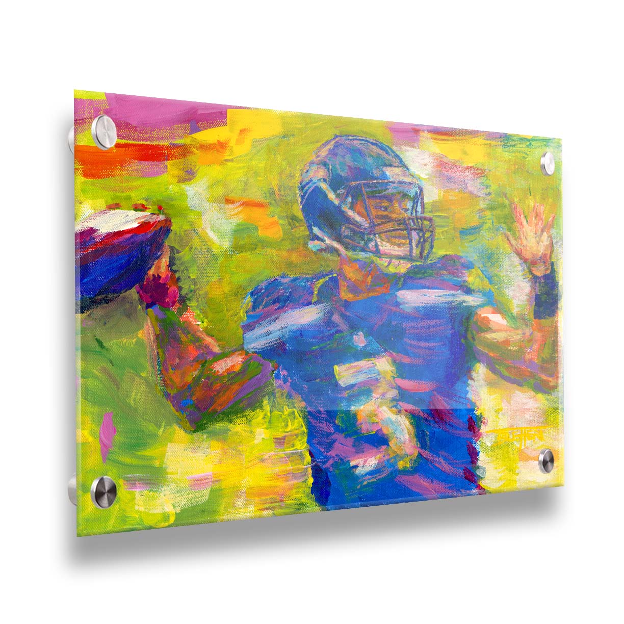 A painting of Seattle Seahawks football quarterback Russell Wilson throwing a football, contrasted against a bright, abstract green and yellow background. Printed on acrylic.