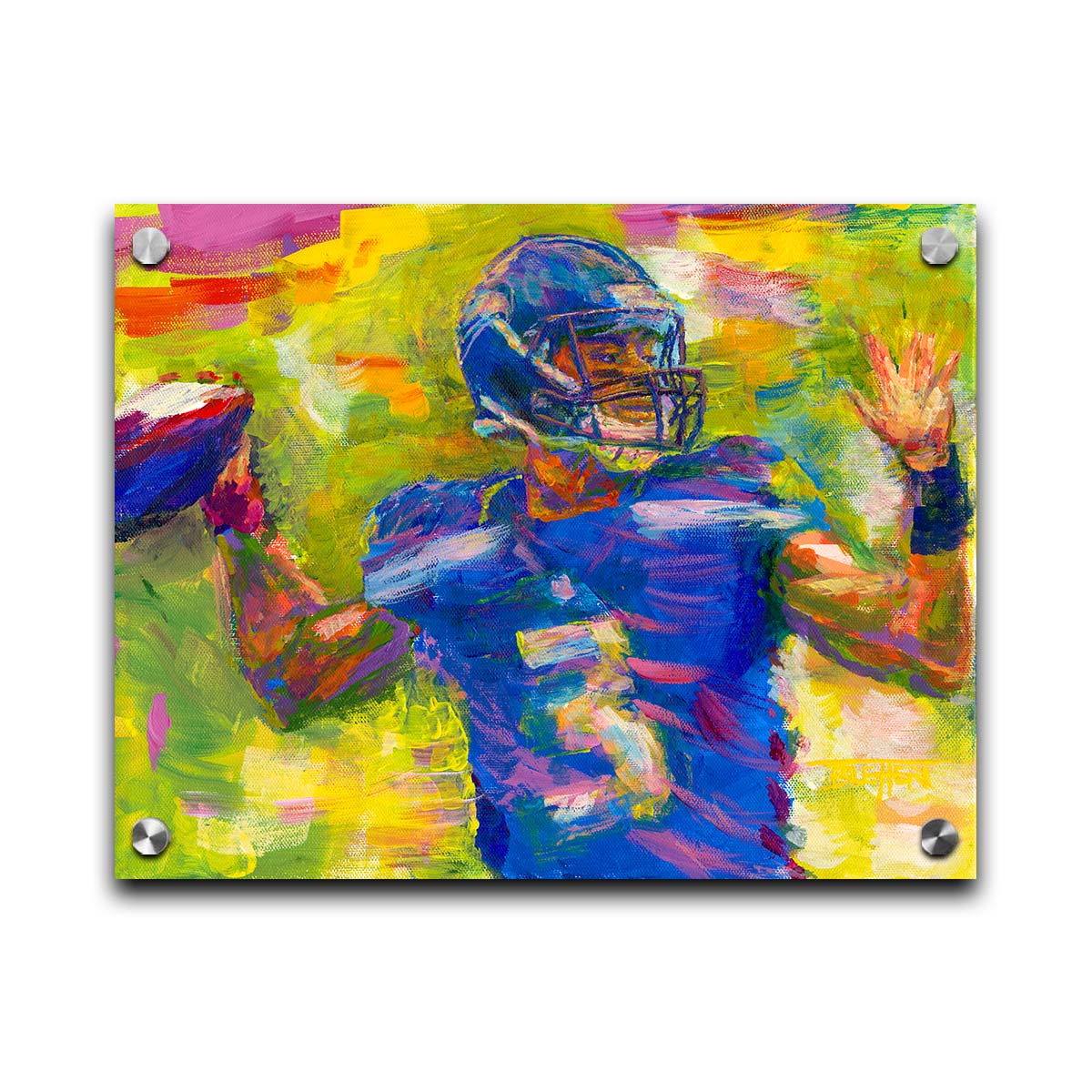 A painting of Seattle Seahawks football quarterback Russell Wilson throwing a football, contrasted against a bright, abstract green and yellow background. Printed on acrylic.