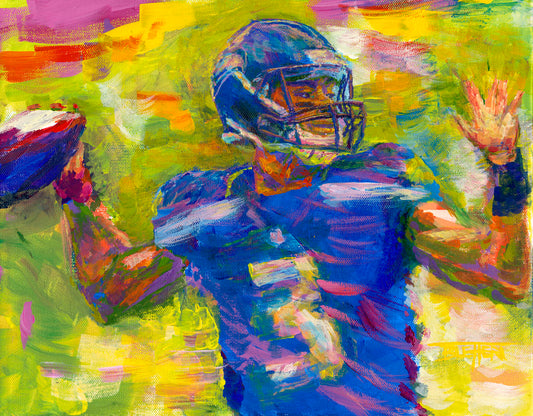 A painting of Seattle Seahawks football quarterback Russell Wilson throwing a football, contrasted against a bright, abstract green and yellow background. 