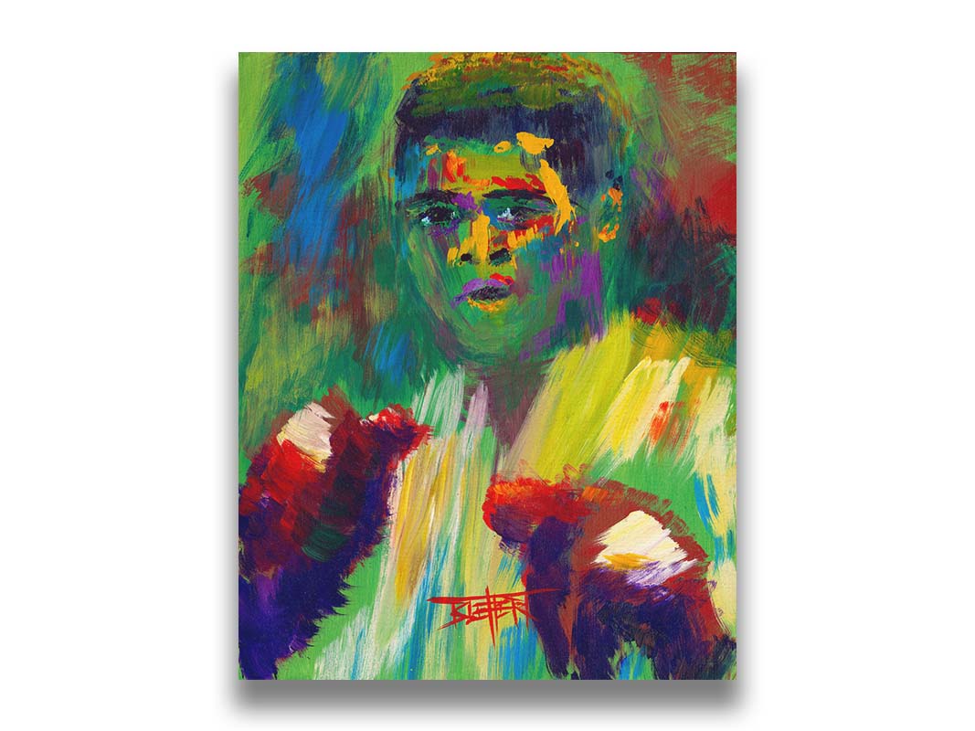 A painting of legendary boxer Muhammad Ali, created with arbitrary color in large brushstrokes. Printed on canvas.