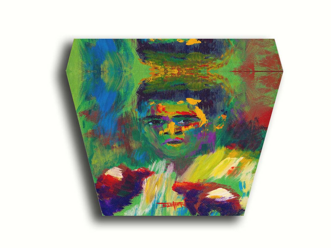 A painting of legendary boxer Muhammad Ali, created with arbitrary color in large brushstrokes. Printed on canvas.