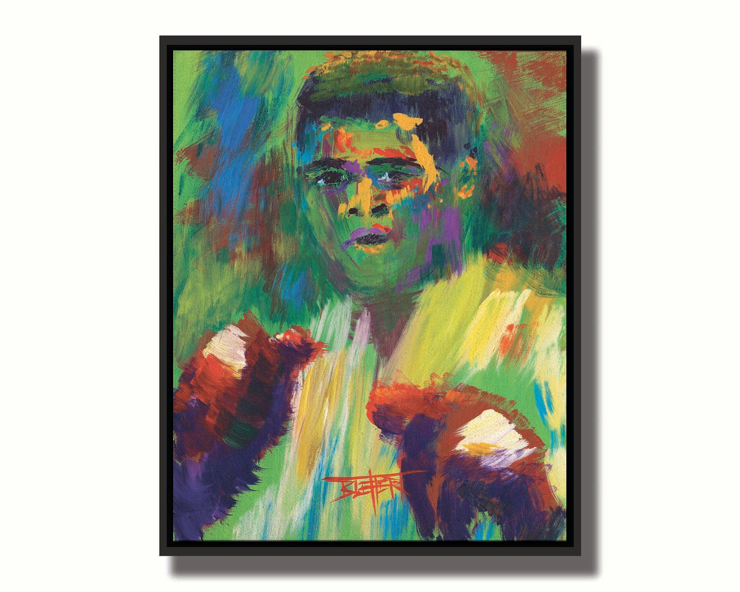 A painting of legendary boxer Muhammad Ali, created with arbitrary color in large brushstrokes. Printed on canvas in a float frame.