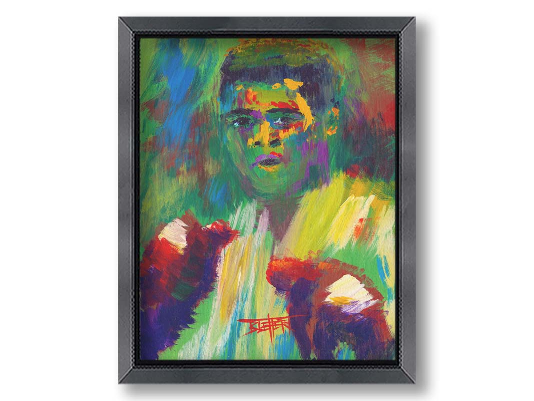 A painting of legendary boxer Muhammad Ali, created with arbitrary color in large brushstrokes. Printed on canvas and framed.