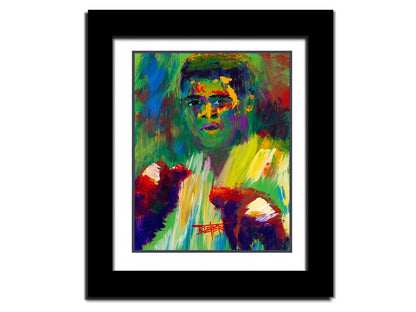 A painting of legendary boxer Muhammad Ali, created with arbitrary color in large brushstrokes. Printed on paper, matted, and framed.