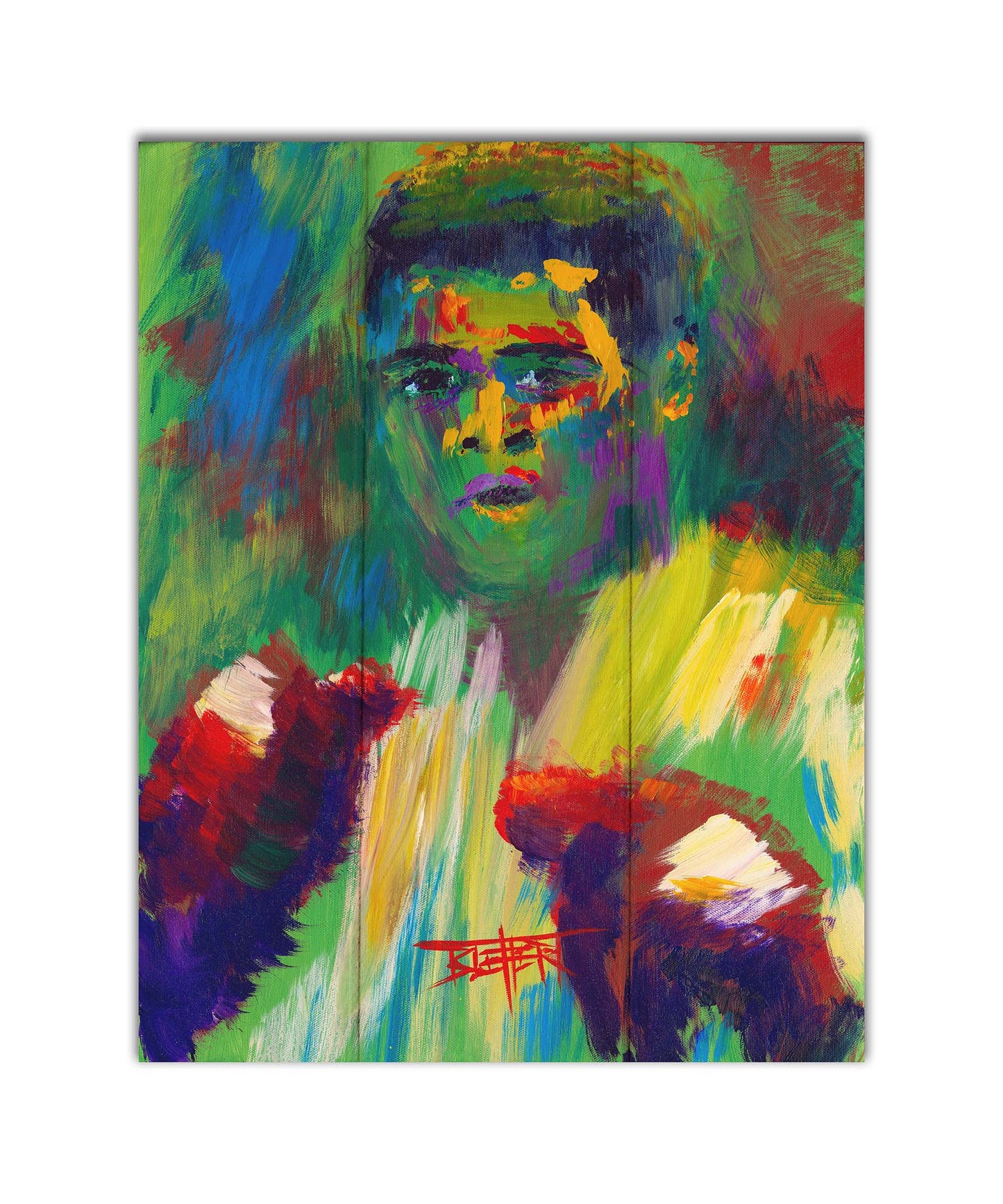 A painting of legendary boxer Muhammad Ali, created with arbitrary color in large brushstrokes. Printed on a box board.