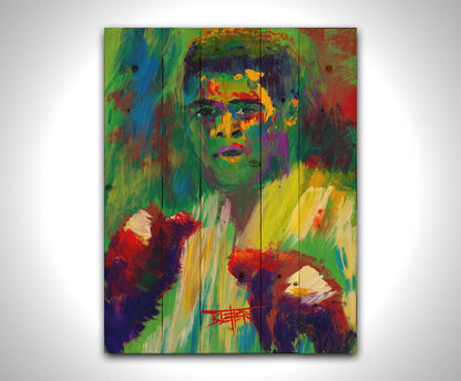 A painting of legendary boxer Muhammad Ali, created with arbitrary color in large brushstrokes. Printed on a wood pallet.