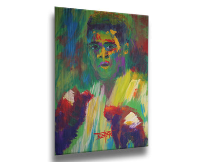 A painting of legendary boxer Muhammad Ali, created with arbitrary color in large brushstrokes. Printed on metal.