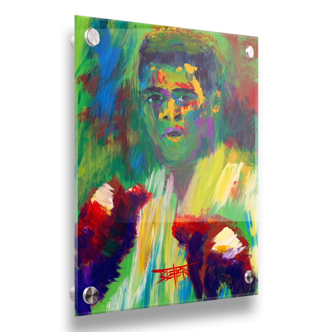 A painting of legendary boxer Muhammad Ali, created with arbitrary color in large brushstrokes. Printed on acrylic.