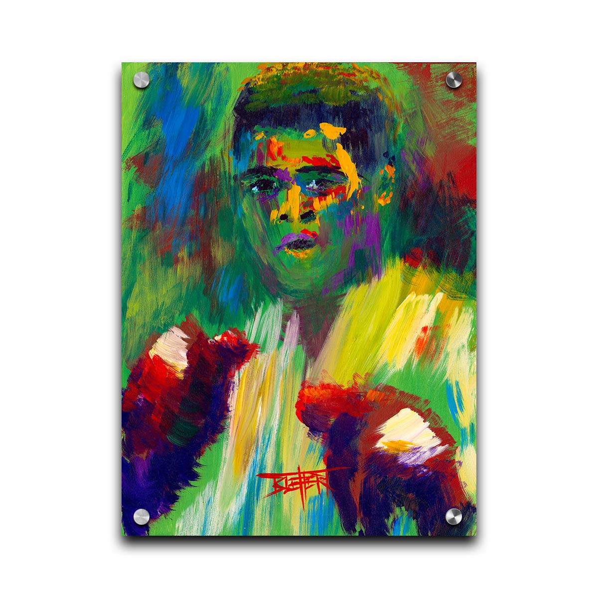 A painting of legendary boxer Muhammad Ali, created with arbitrary color in large brushstrokes. Printed on acrylic.