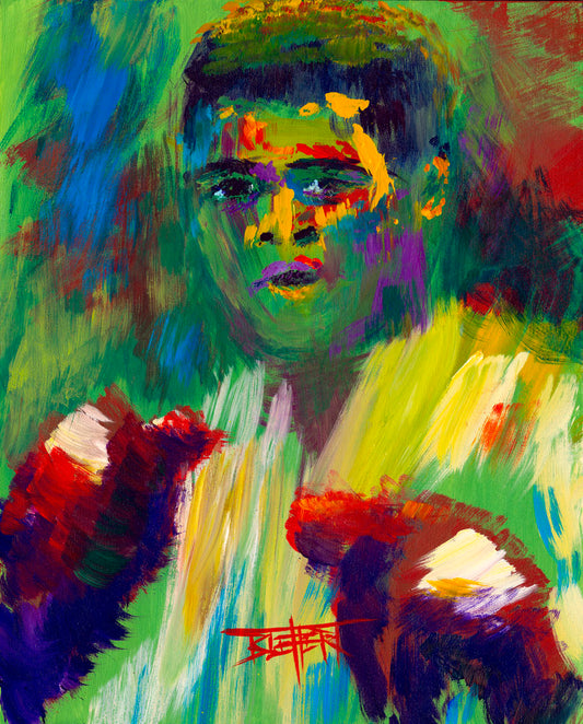 A painting of legendary boxer Muhammad Ali, created with arbitrary color in large brushstrokes.