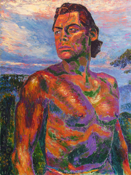Colorful painting of a shirtless Johnny Weissmuller in his film role as Tarzan.