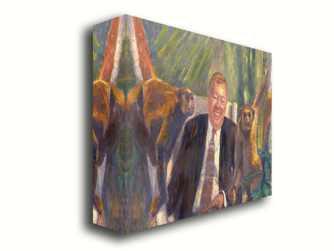 A painting of a man sitting in an upholstered chair beside two monkeys, background accented with plants. Printed on canvas.
