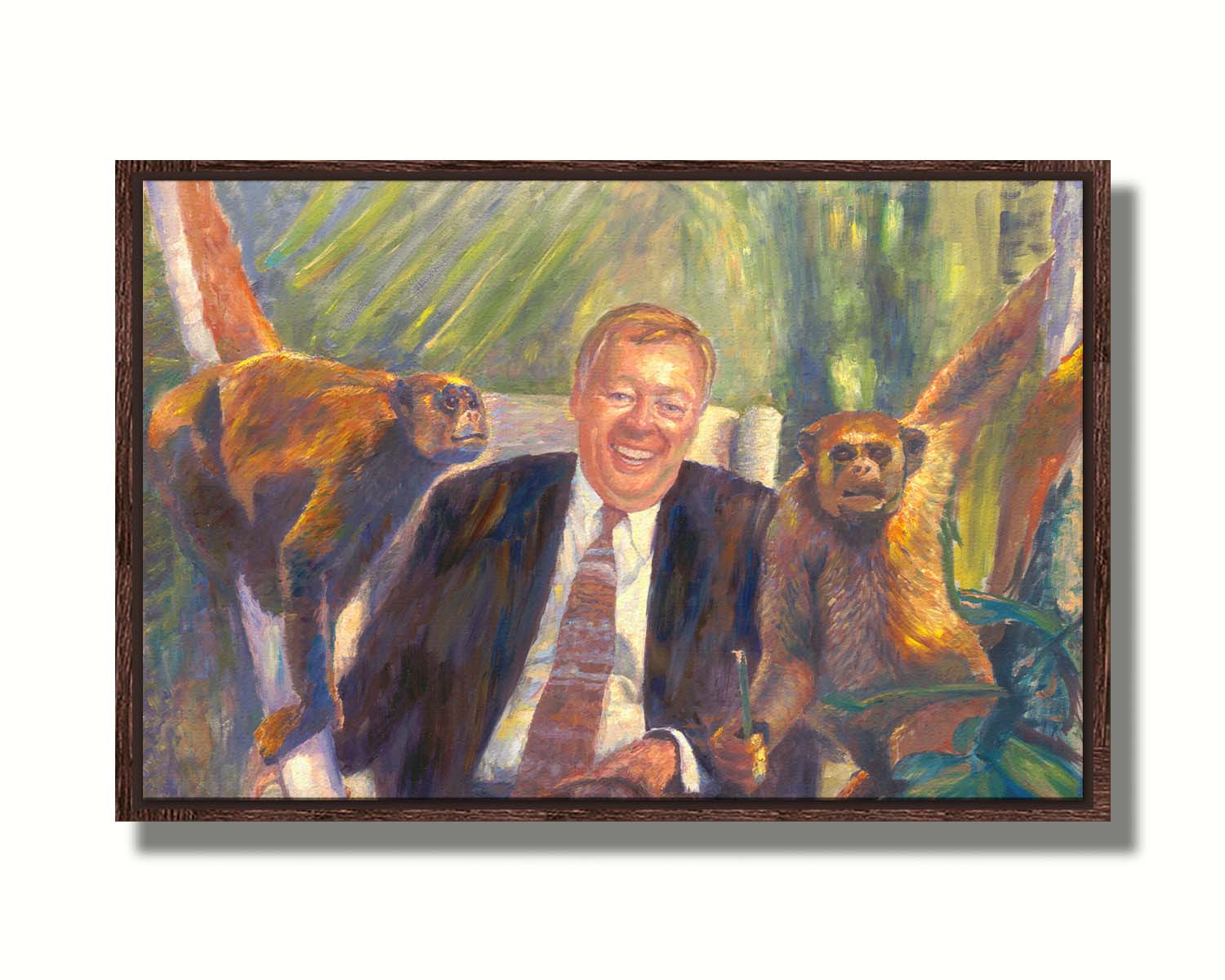 A painting of a man sitting in an upholstered chair beside two monkeys, background accented with plants. Printed on canvas in a float frame.