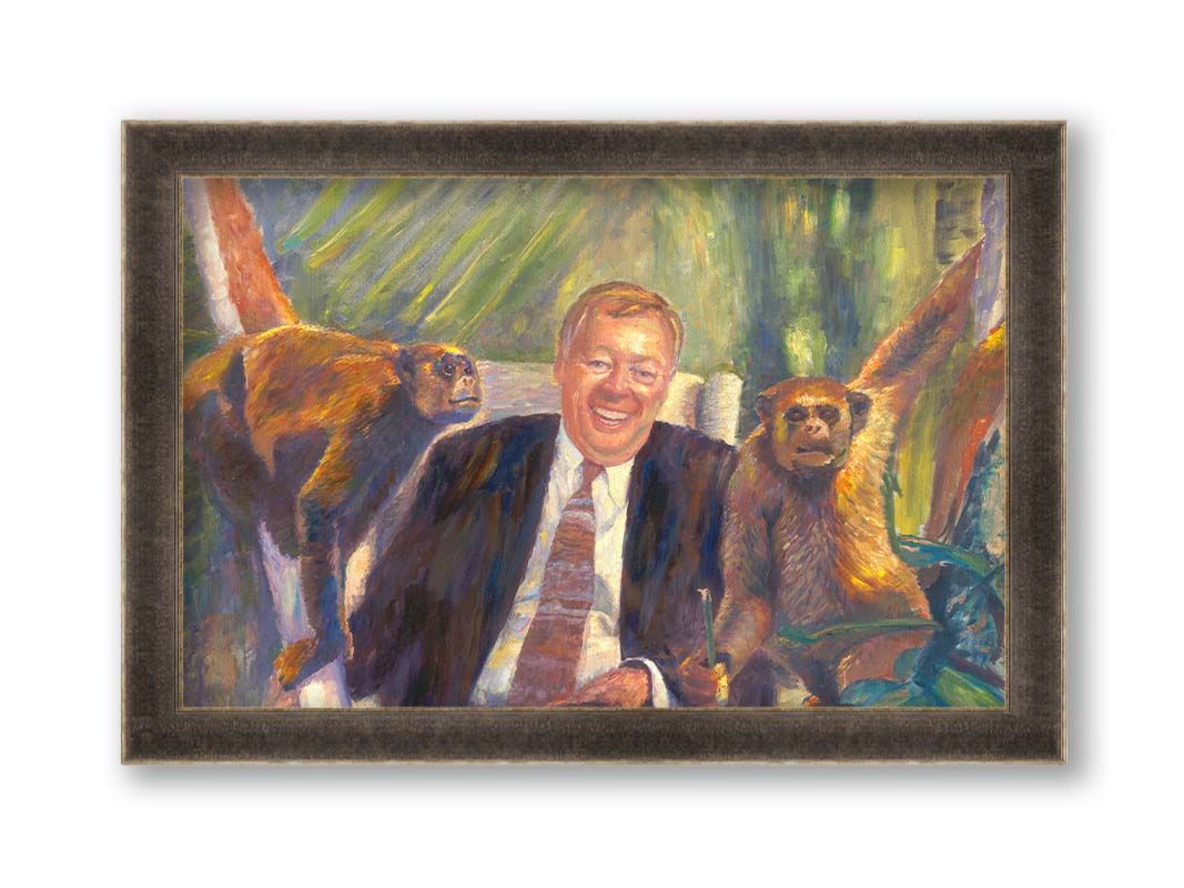 A painting of a man sitting in an upholstered chair beside two monkeys, background accented with plants. Printed on canvas and framed.