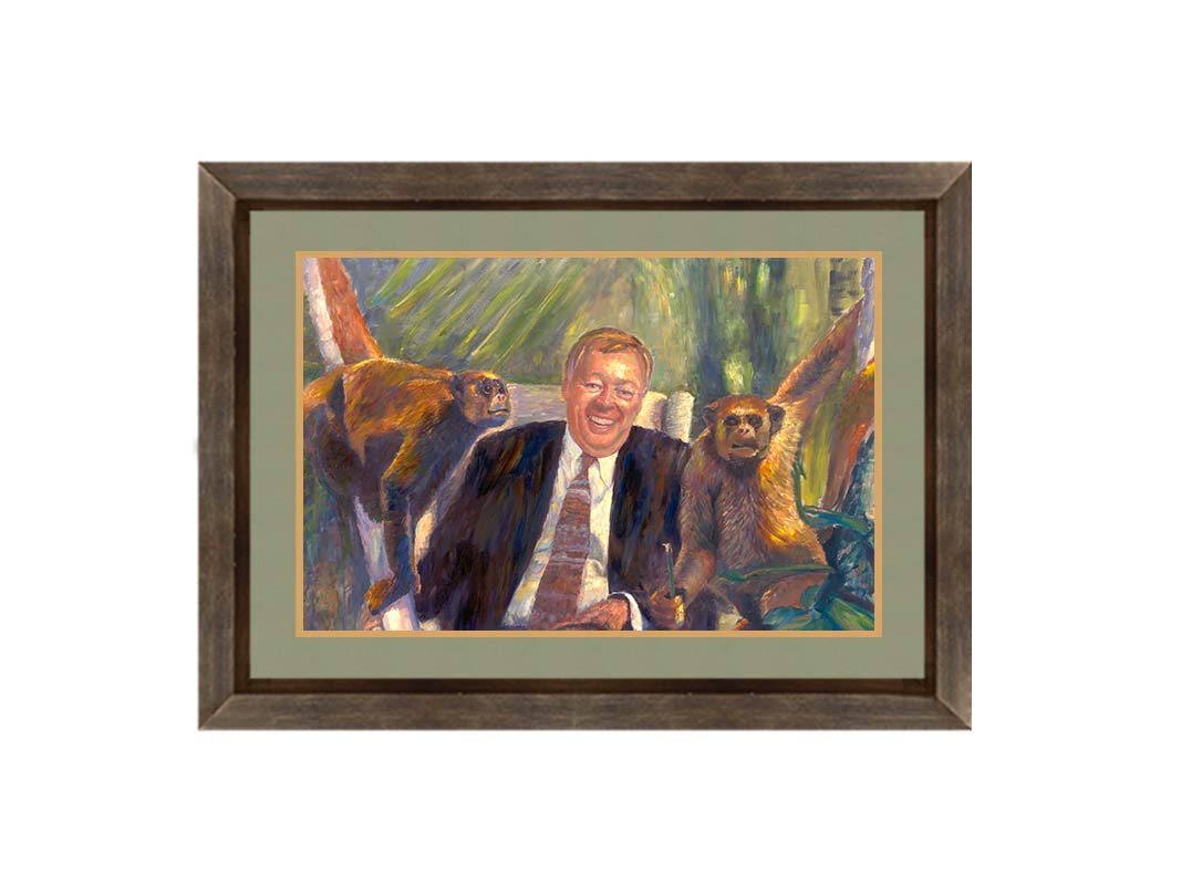 A painting of a man sitting in an upholstered chair beside two monkeys, background accented with plants. Printed on paper, matted, and framed.