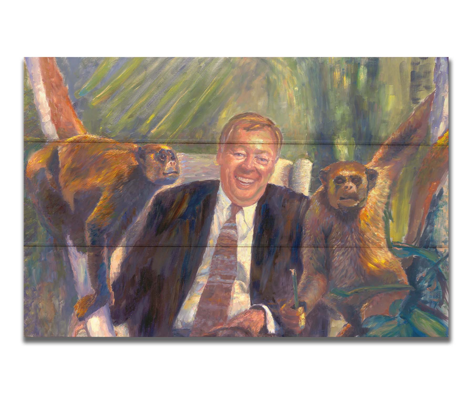 A painting of a man sitting in an upholstered chair beside two monkeys, background accented with plants. Printed on a box board.
