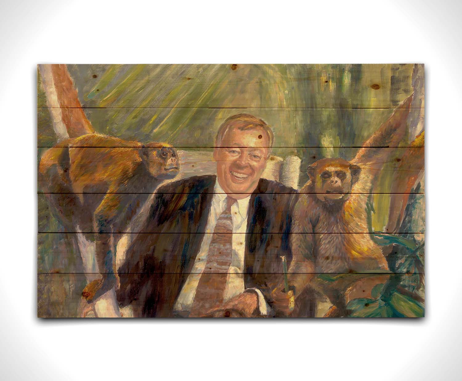 A painting of a man sitting in an upholstered chair beside two monkeys, background accented with plants. Printed on a wood pallet.