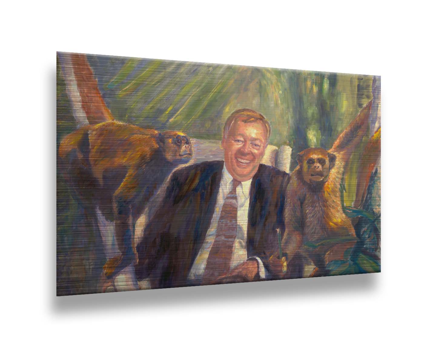 A painting of a man sitting in an upholstered chair beside two monkeys, background accented with plants. Printed on metal.