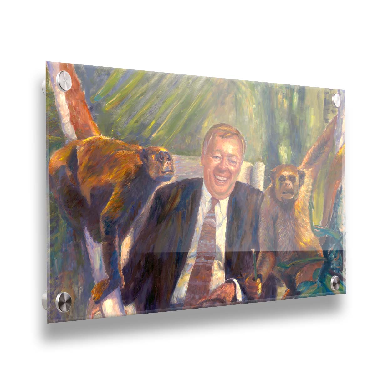 A painting of a man sitting in an upholstered chair beside two monkeys, background accented with plants. Printed on acrylic.