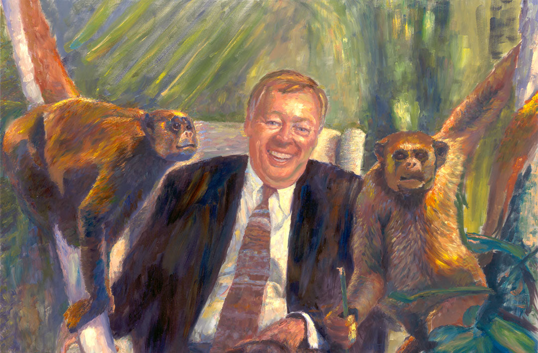 A painting of a man sitting in an upholstered chair beside two monkeys, background accented with plants.