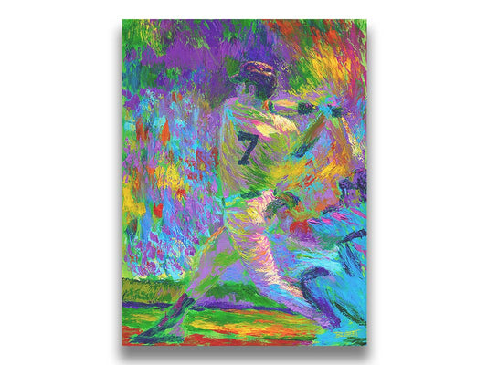 A painting of Minnesota Twins baseball player Joe Mauer, swinging a bat. Printed on canvas.