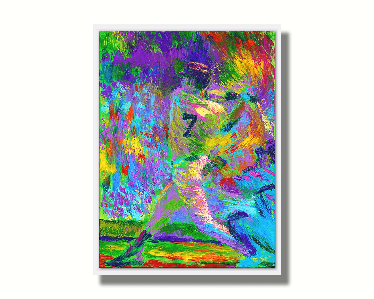 A painting of Minnesota Twins baseball player Joe Mauer, swinging a bat. Printed on canvas in a float frame.