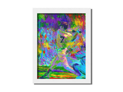 A painting of Minnesota Twins baseball player Joe Mauer, swinging a bat. Printed on canvas and framed.