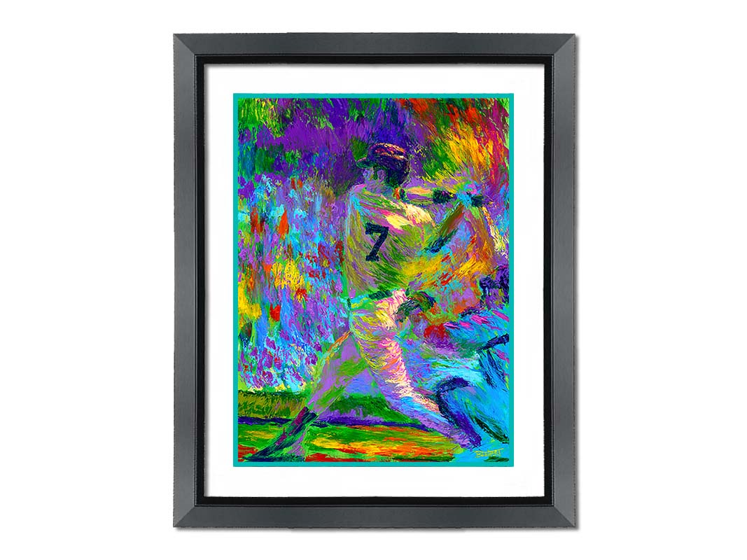 A painting of Minnesota Twins baseball player Joe Mauer, swinging a bat. Printed on paper, matted, and framed.