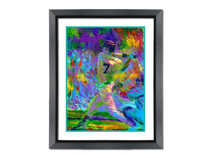 A painting of Minnesota Twins baseball player Joe Mauer, swinging a bat. Printed on paper, matted, and framed.