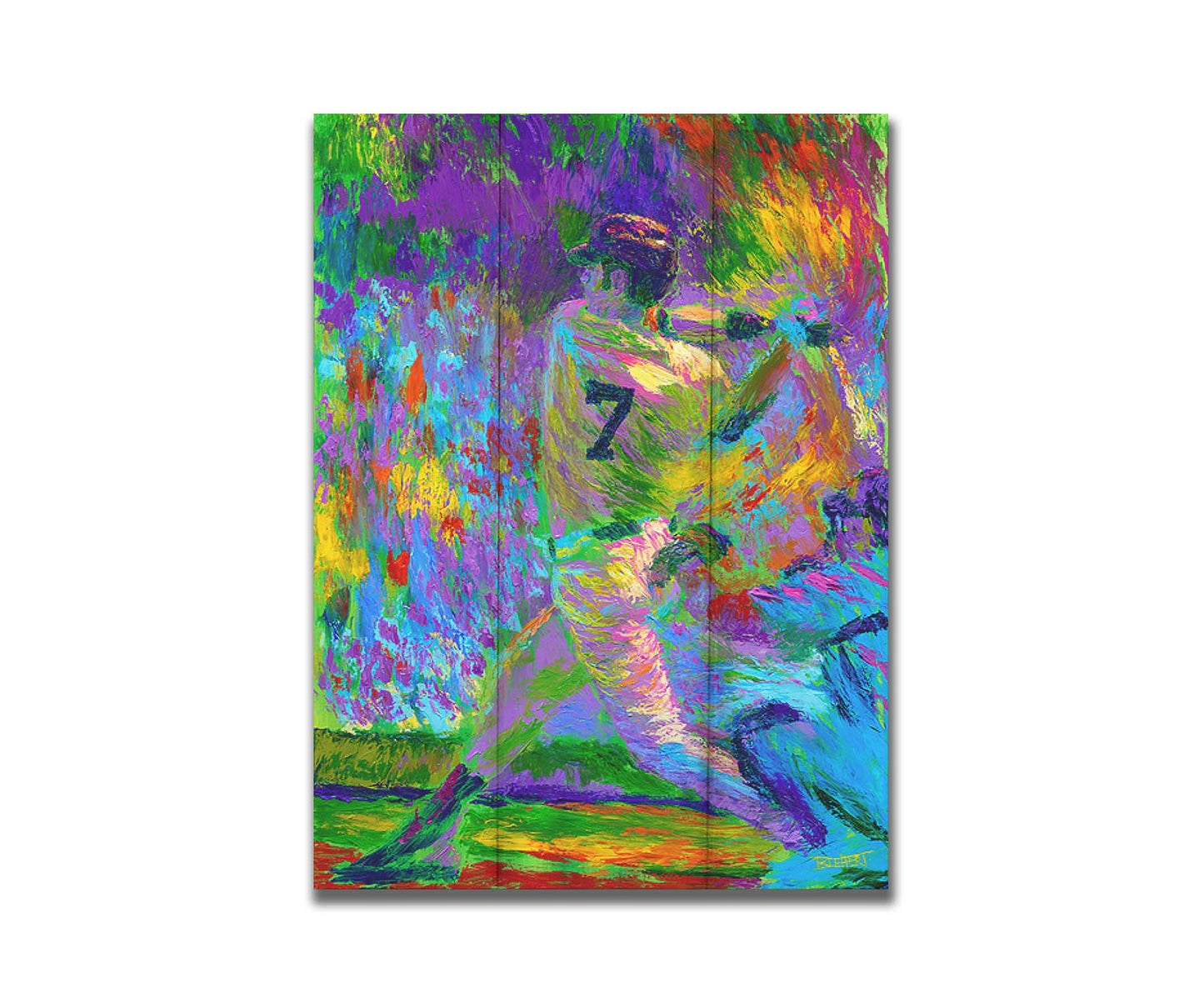 A painting of Minnesota Twins baseball player Joe Mauer, swinging a bat. Printed on a box board.